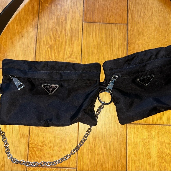 Prada Black Dual Pouch Crossbody Belt Bag with Silver Chain - 100% Authentic - Picture 2 of 3
